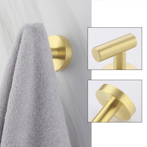 2-Pieces Bathroom Accessories Set Toilet Paper Holder and Robe Towel Hooks SUS304 Stainless Steel Round Wall Mounted Brushed Brass, LA20BZ-21